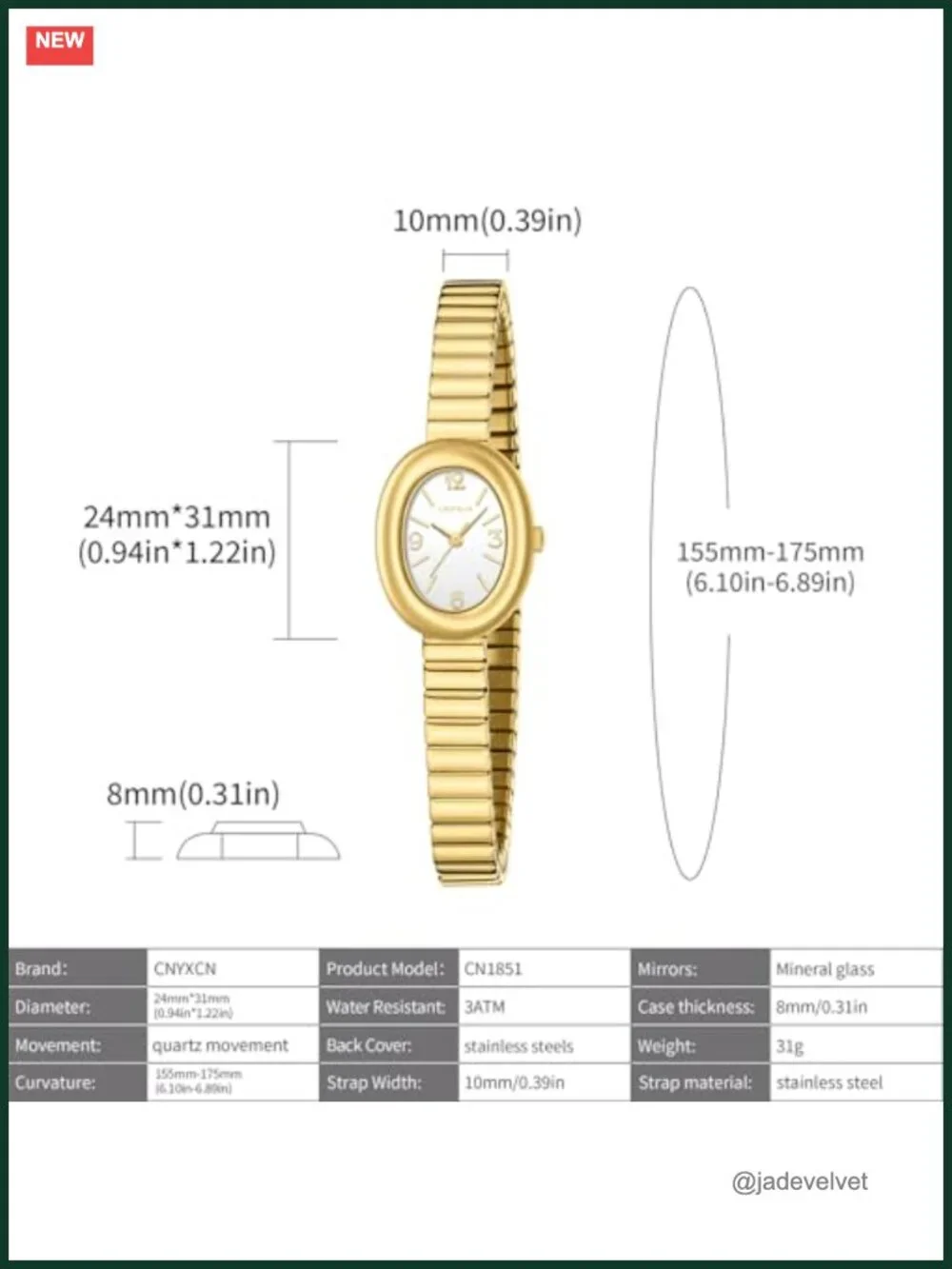 Gold Tone Oval Case Watch for Women with Stainless Steel Expansion Band